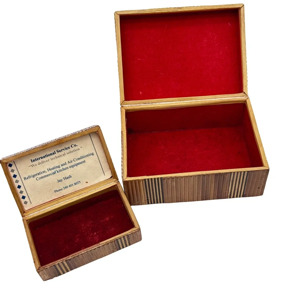 Vintage Trinket Box Set 2pc Straw Marquetry Rose Floral Brown Wood Jewelry Case